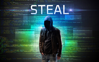 Faceless hacker on code background