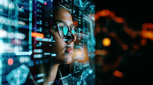 attractive woman programming futuristic software, digital technology & cyber security concept