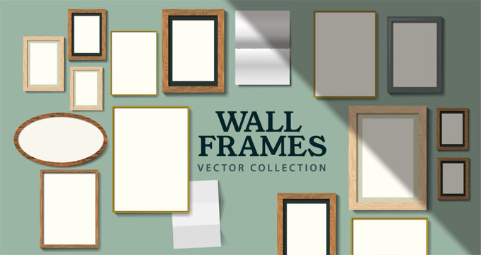 A collection of vector various stylish picture and poster frames hanging on a wall, gallery vector illustration.