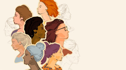 A group of strong and diverse women. Faces portraits, side view, vector illustration