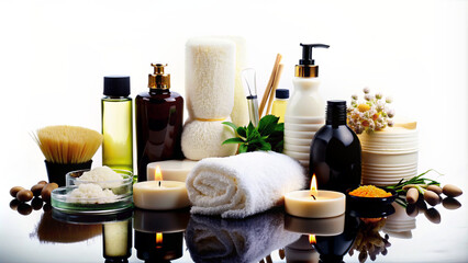 Elegant Spa Essentials Collection with Beauty Products and Natural Decor
