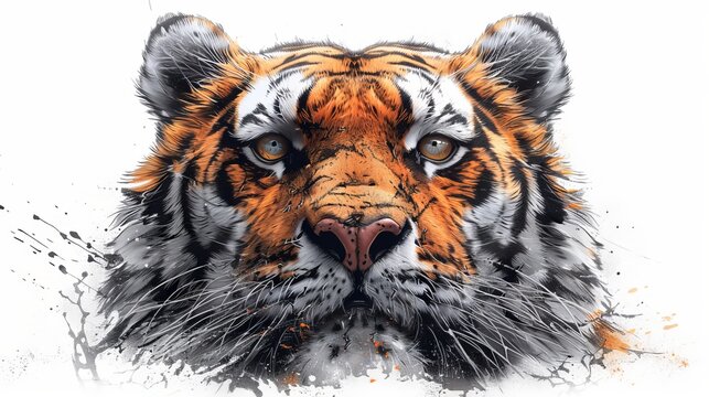 Tiger face with grunge splashes and blots.