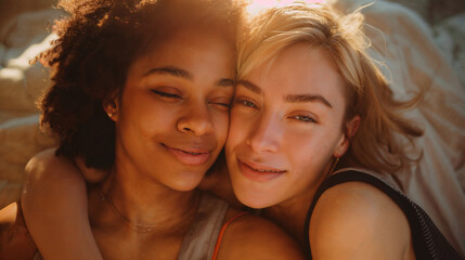 A lesbian couple enjoing a summer sunset Two young women smiling with closed eyes, enjoying a peaceful moment together. LGBTQ summer vacation