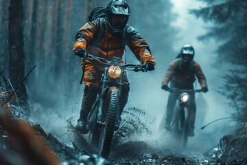 Fototapeta premium Off-road motorcyclists tackle a misty forest path, evoking adventure and daring in a cinematic style