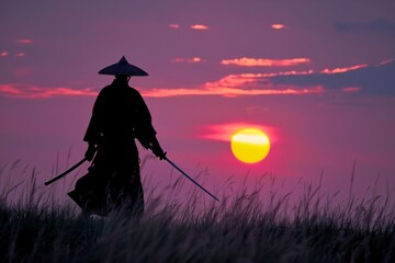 Silhouette of a samurai with sword drawn at dawn