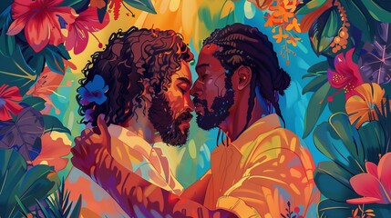 Couple of african american man in love with tropical flowers