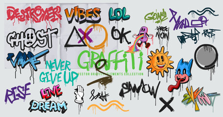 A set of grunge graffiti elements and letters. Vector illustration.