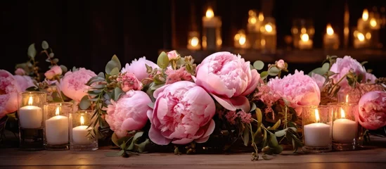 Rugzak A beautiful arrangement of pink flowers and candles adorning a table, showcasing the art of floristry and creating a serene ambiance for the event © AkuAku