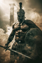 Brave Spartan warrior posing on the battlefield with shield and sword in hand