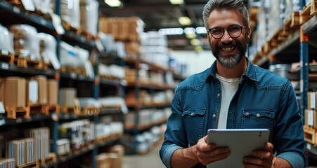 A hardware warehouse is the setting for a laughing, smiling salesman who stands while reviewing supplies on his tablet.
 - obrazy, fototapety, plakaty