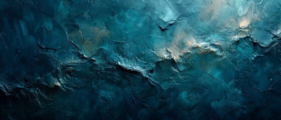An abstract background with a blue-green color scheme and texture of a plastered concrete wall. A grungy background with a grainy rough texture and dark turquoise color.