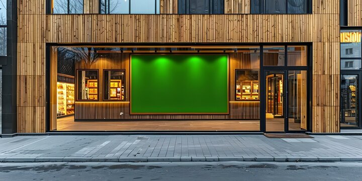 Wooden store facade with blank green screen banner for custom messaging . Concept Store Facade, Green Screen Banner, Custom Messaging, Wooden Design