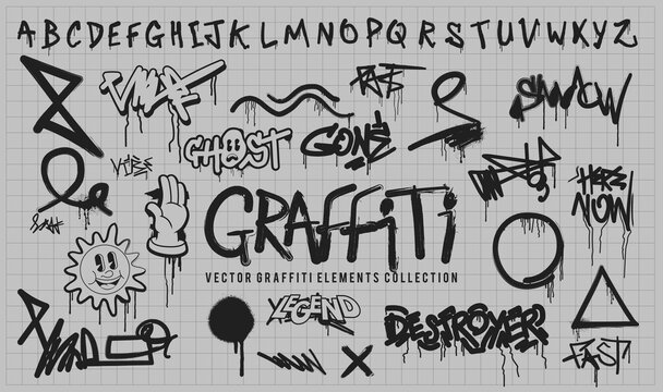 A vector series of graffiti elements with grunge texture tags, labels and letters. Vector illustration