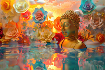 golden buddha with colorful papercut flowers and clouds