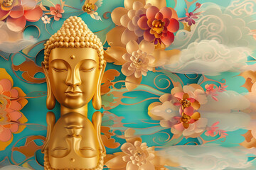 golden buddha with colorful papercut flowers and clouds