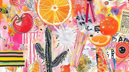 Colorful background with fruit and hand drawn doodle elements. Contemporary art collage
