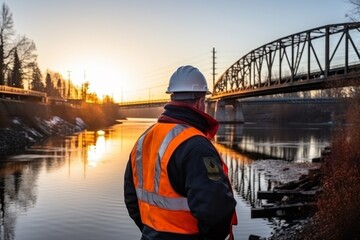 Rear view of a worker in hard hat who controls the reliability of a railway bridge across the river