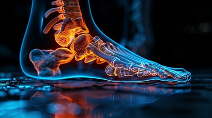 X-ray of human foot with glowing bones, 3D