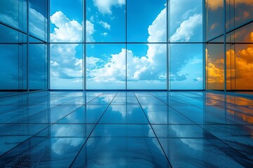 A stunning image capturing the seamless blend of architecture and nature with a glass building reflecting the vivid blue sky and passing clouds