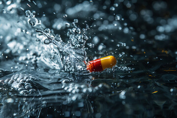 Red and yellow capsule sinks into the water, creating ripples - obrazy, fototapety, plakaty