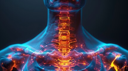 X-ray of human neck with glowing bones, 3D - obrazy, fototapety, plakaty