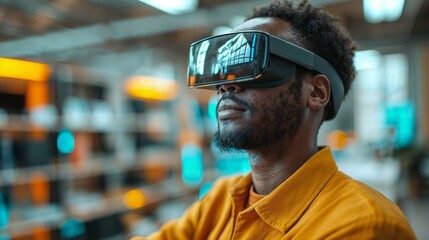 Young man experiencing virtual reality in library. Contemporary male with vr headset among books, immersed in a digital world