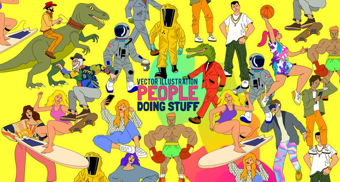 People characters doing stuff, in situations with an astronaut, surfer and a cowboy riding a dinosaur. Vector illustration.
