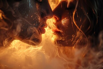 An artistic representation of a couple's close-up with flames, highlighting the passion and intimacy in their relationship