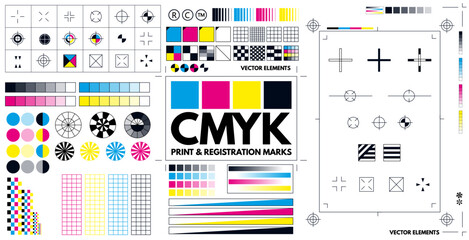 A complete set of print marks and registration marks in CMYK for adding to a project. Vector illustration. - obrazy, fototapety, plakaty