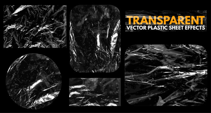 A collection of plastic packaging transparent sheet cellophane wrapper effects. Vector illustration.