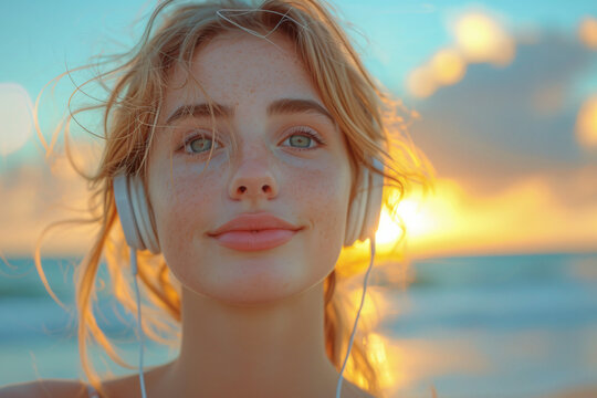 Closeup Photo Of Beautiful Young Woman Wearing White Headphones And Listening To Music Against A Seascape At Sunset 