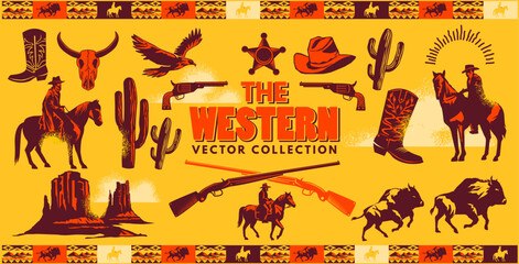 A collection of wild west themed vector objects and illustrations with cowboys, wildlife and objects. - 756557302
