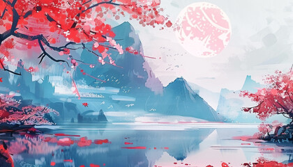 Beautiful Japanese landscape in the summer art style