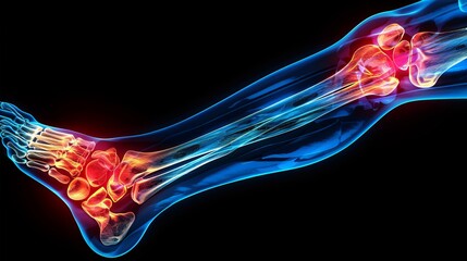 Human foot bones in x-ray view with glowing joints