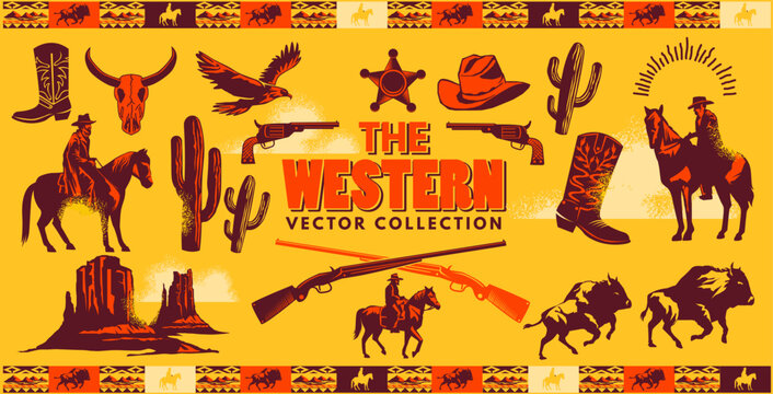 A collection of wild west themed vector objects and illustrations with cowboys, wildlife and objects.
