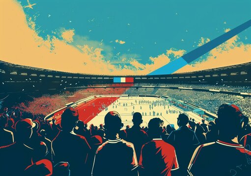 Retro sports poster depicts a big event in Paris at the Parc des Princes stadium during summer under a clear sky. French tricolor.