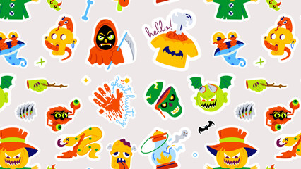 Flat seamless scary pattern depicting various spooky elements of halloween theme 