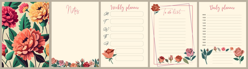 Notebook pages and cover template with colorful rose flowers. Planner, diary, notepad, organizer with cute floral design. Vector cards, notes, stickers, labels, tags paper sheet illustrations.