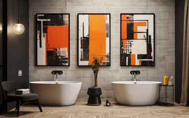 The three paintings on the wall are abstract and colorful, creating a lively and energetic atmosphere in the bathroom