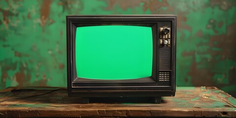 Vintage black TV with green screen from ss against VCR backdrop for custom images . Concept Green Screen Technology, Vintage TV, VCR Backdrop, Custom Images, Retro Aesthetic