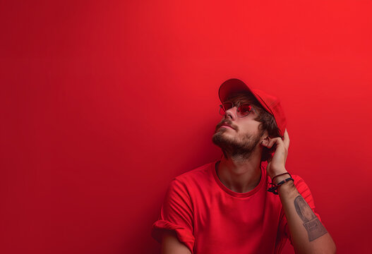 handsome guy looking at a copy space, wearing red clothes and sunglasses on red background 