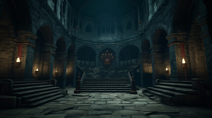 A dark, eerie castle interior with stone architecture and dim lighting - obrazy, fototapety, plakaty