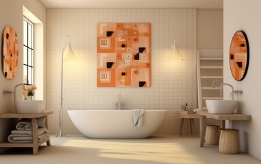 A bathroom with a white bathtub and a large orange framed painting on the wall. The painting is abstract and has a modern feel to it. The bathroom is clean and well-lit, with a white tile floor