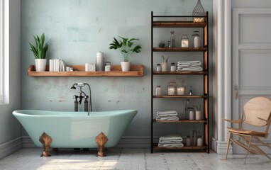 A bathroom with a blue bathtub and a wooden shelf with many bottles and a potted plant