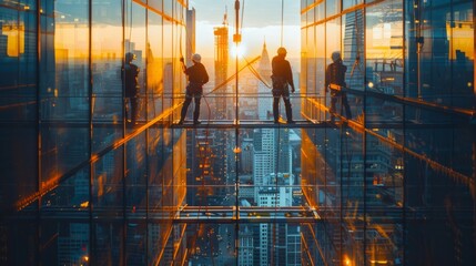 Construction workers standing on suspended bridge - obrazy, fototapety, plakaty