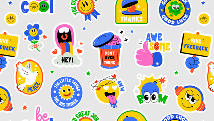 A retro pattern designed with cute cartoon shapes, positivity symbols, and quote patches