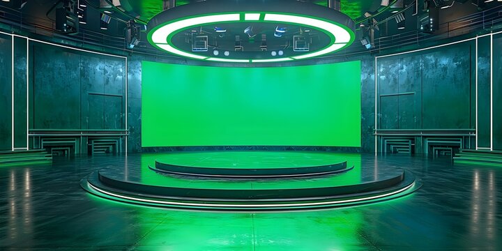 Modern news set with green screen backdrop for virtual broadcasts rendered in D. Concept Virtual Broadcasts, Green Screen Backdrop, Modern News Set, Digital Rendering