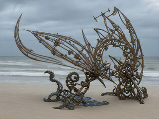 Kinetic sculpture propelled by wind on beach, Oil Painting - 756558313