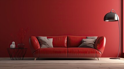 interior with red wall, sofa and lamp