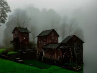 Water Mill in Foggy Day, Oil Painting - 756558320